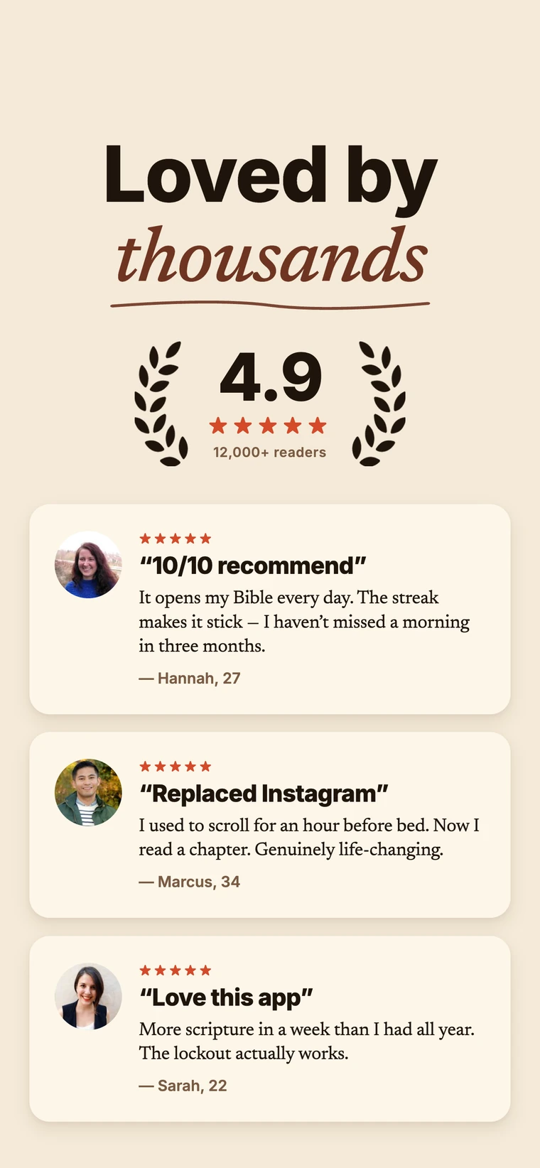 Loved by thousands — 4.9 stars from 12,000+ readers, with reviews from Hannah, Marcus, and Sarah